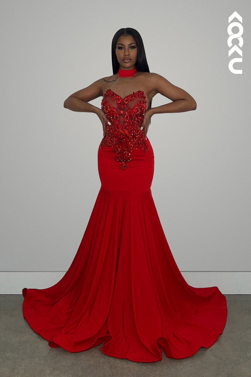 L2149 - High Neck Halter Beaded Appliqued Satin Mermaid Long Prom Evening Dress