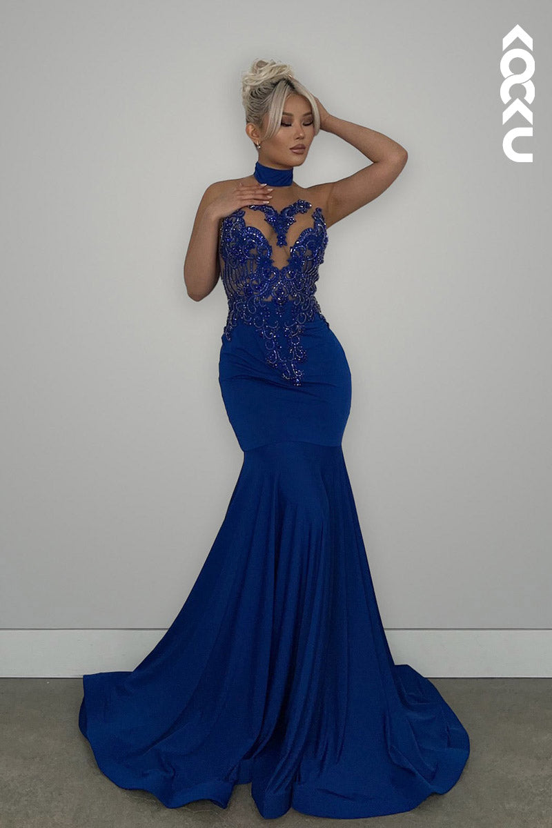 L2149 - High Neck Halter Beaded Appliqued Satin Mermaid Long Prom Evening Dress