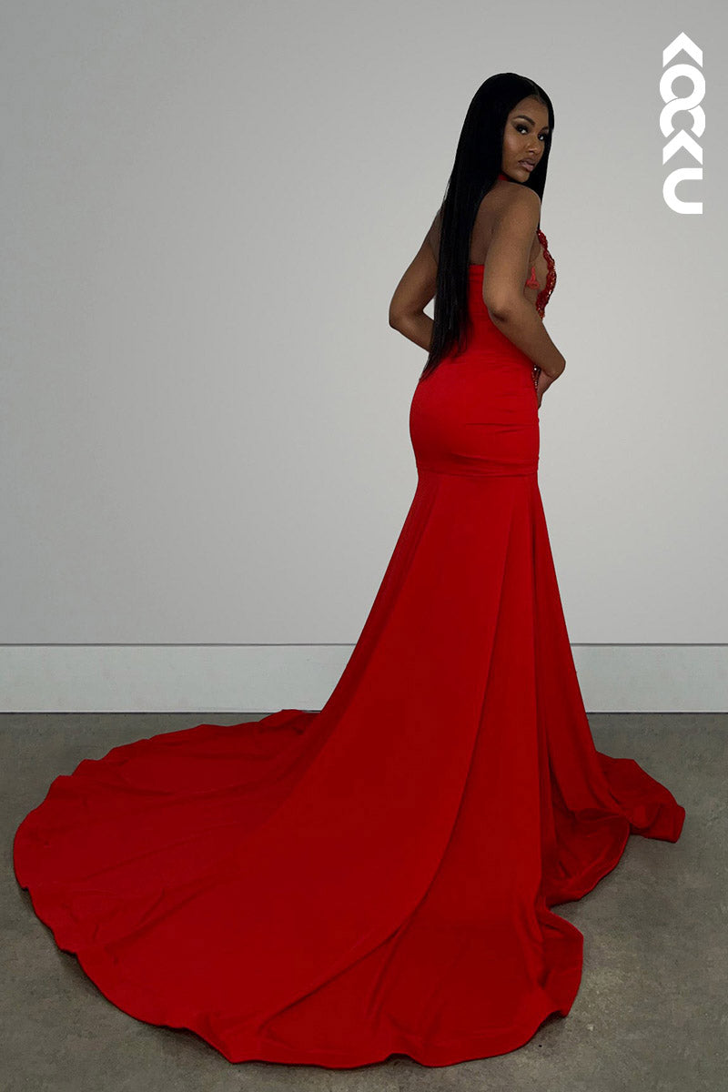 L2149 - High Neck Halter Beaded Appliqued Satin Mermaid Long Prom Evening Dress