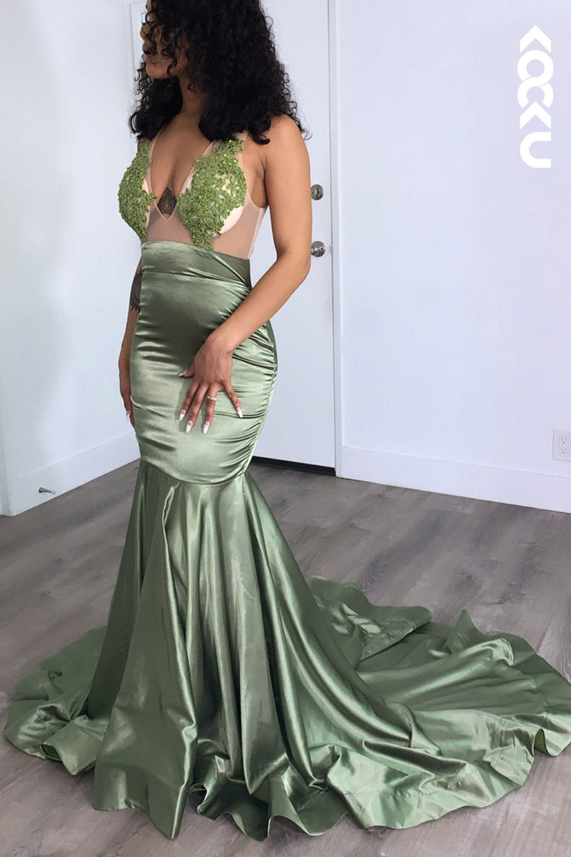 L2150 - V-Neck Sleeveless Appliqued Sheer Tulle Mermaid Long Prom Evening Dress
