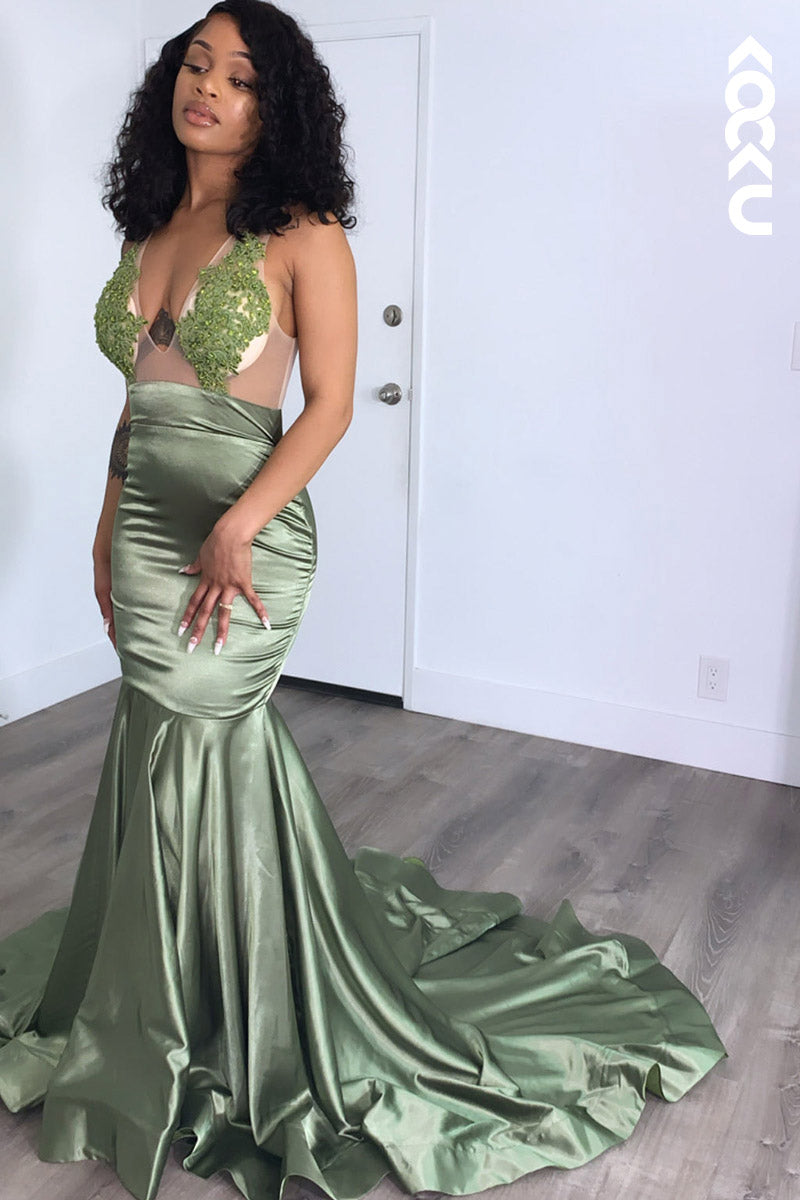 L2150 - V-Neck Sleeveless Appliqued Sheer Tulle Mermaid Long Prom Evening Dress