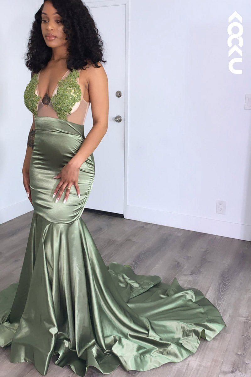 L2150 - V-Neck Sleeveless Appliqued Sheer Tulle Mermaid Long Prom Evening Dress