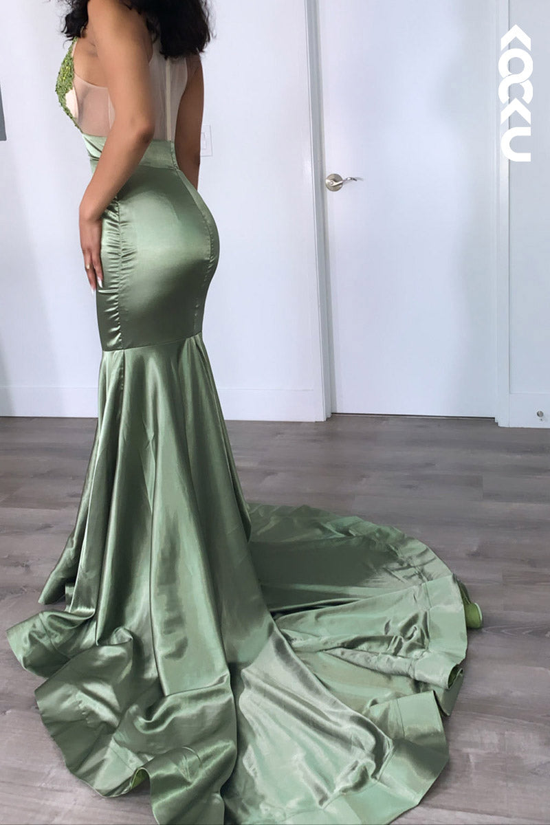 L2150 - V-Neck Sleeveless Appliqued Sheer Tulle Mermaid Long Prom Evening Dress