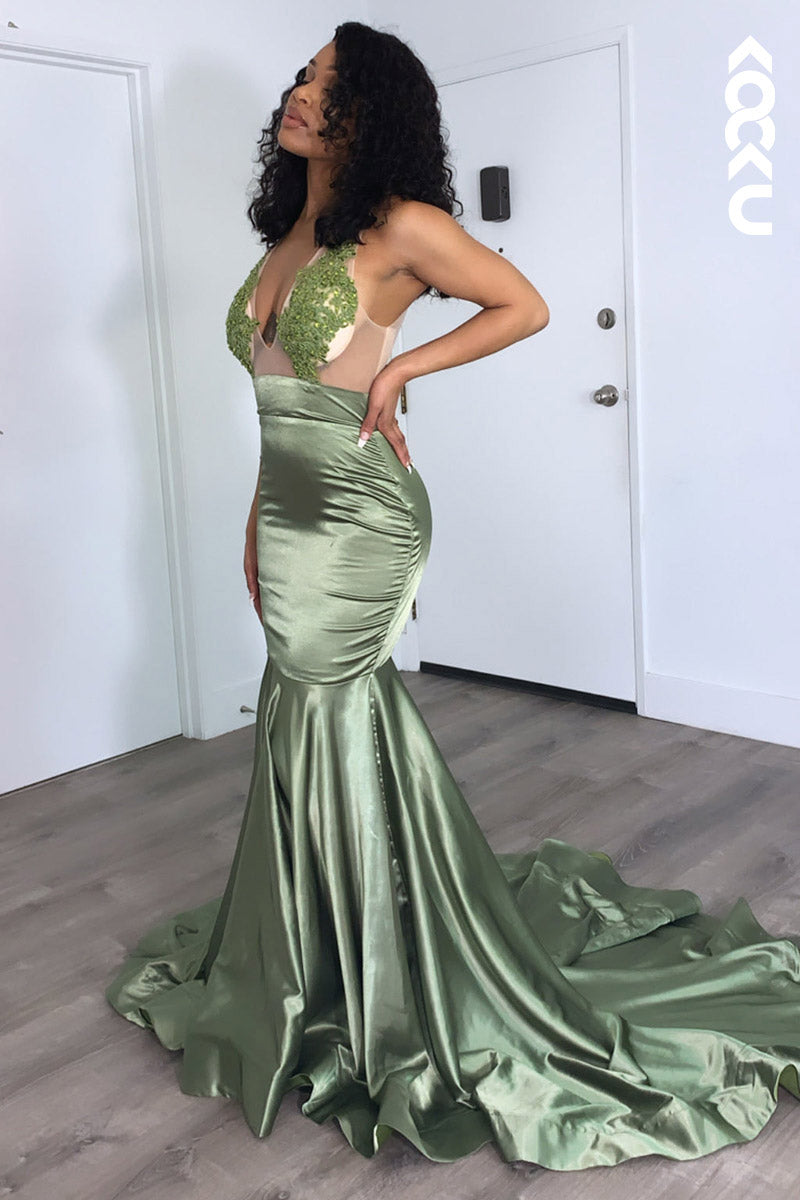 L2150 - V-Neck Sleeveless Appliqued Sheer Tulle Mermaid Long Prom Evening Dress