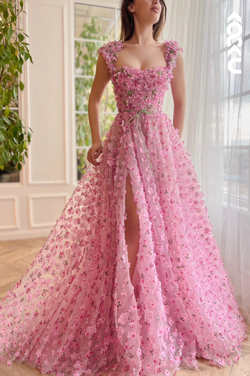 L2151 - A Line Square Neck Floral 3D Lace Pleated A Line Long Prom Evening Dress