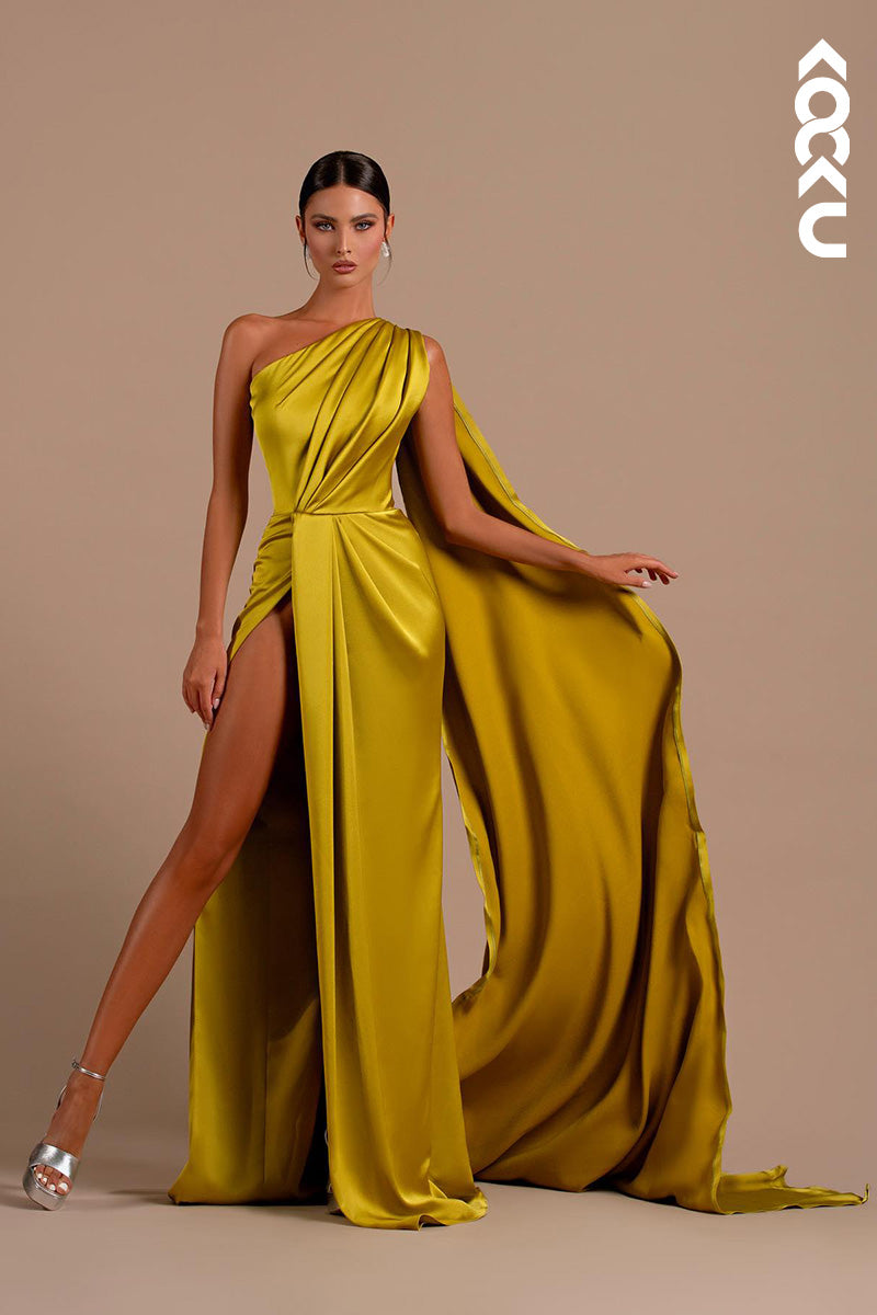 L2152 - Sheath/Column One Shoulder Satin Long Evening Formal Dress With Bolero