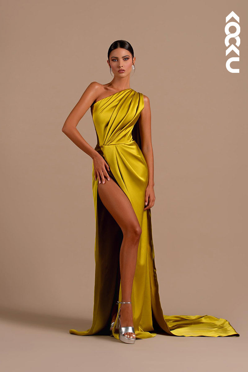 L2152 - Sheath/Column One Shoulder Satin Long Evening Formal Dress With Bolero