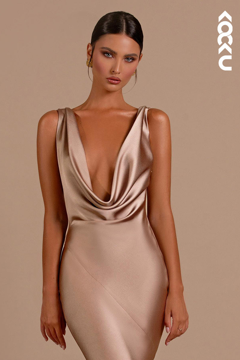 L2154 - Mermaid/Trumpet Low V Neck Backless Satin Long Evening Formal Dress