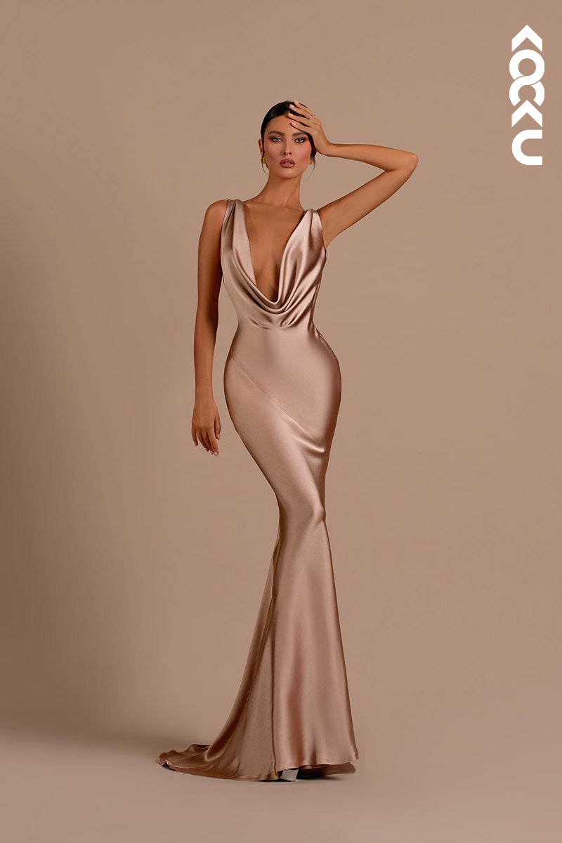 L2154 - Mermaid/Trumpet Low V Neck Backless Satin Long Evening Formal Dress