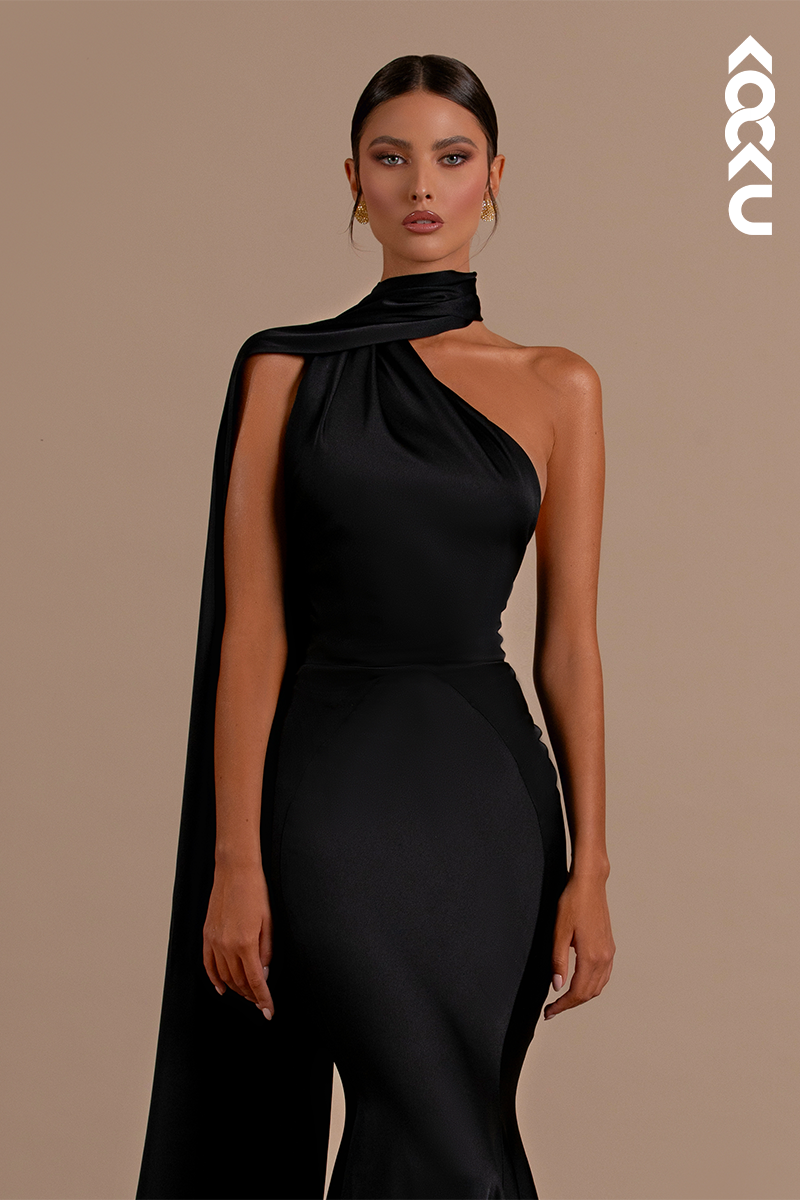 L2155 - Mermaid/Trumpet Halter Backless Satin Long Formal Evening Dress With Shawl