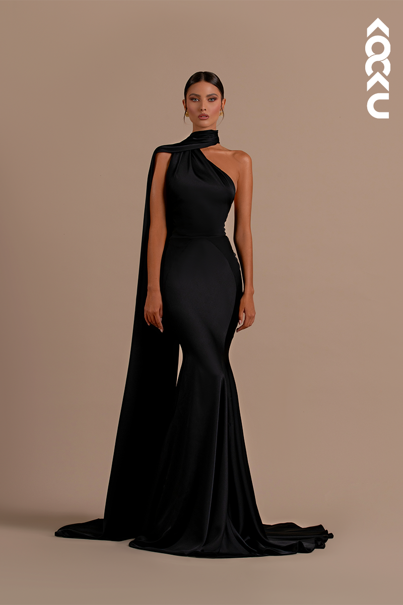 L2155 - Mermaid/Trumpet Halter Backless Satin Long Formal Evening Dress With Shawl
