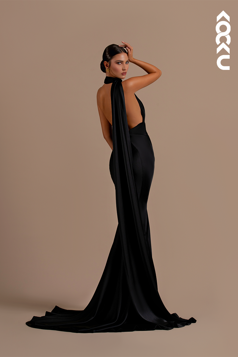 L2155 - Mermaid/Trumpet Halter Backless Satin Long Formal Evening Dress With Shawl
