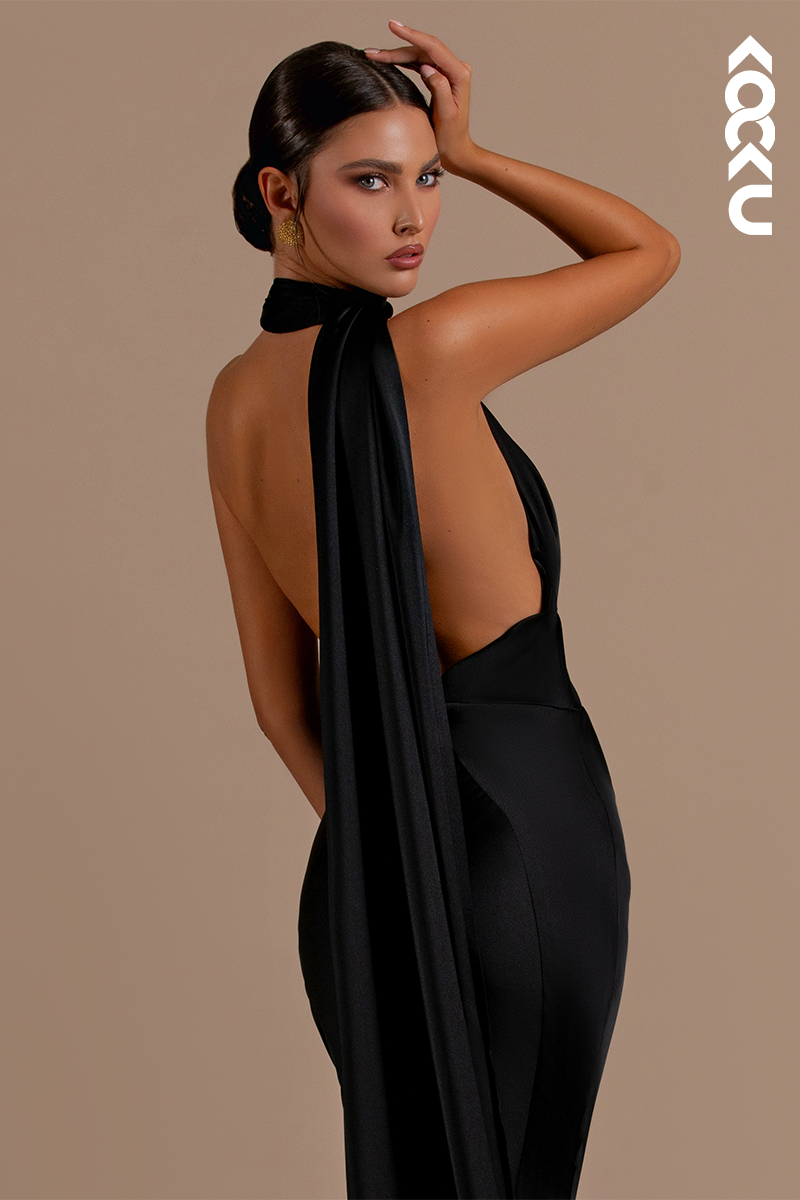 L2155 - Mermaid/Trumpet Halter Backless Satin Long Formal Evening Dress With Shawl