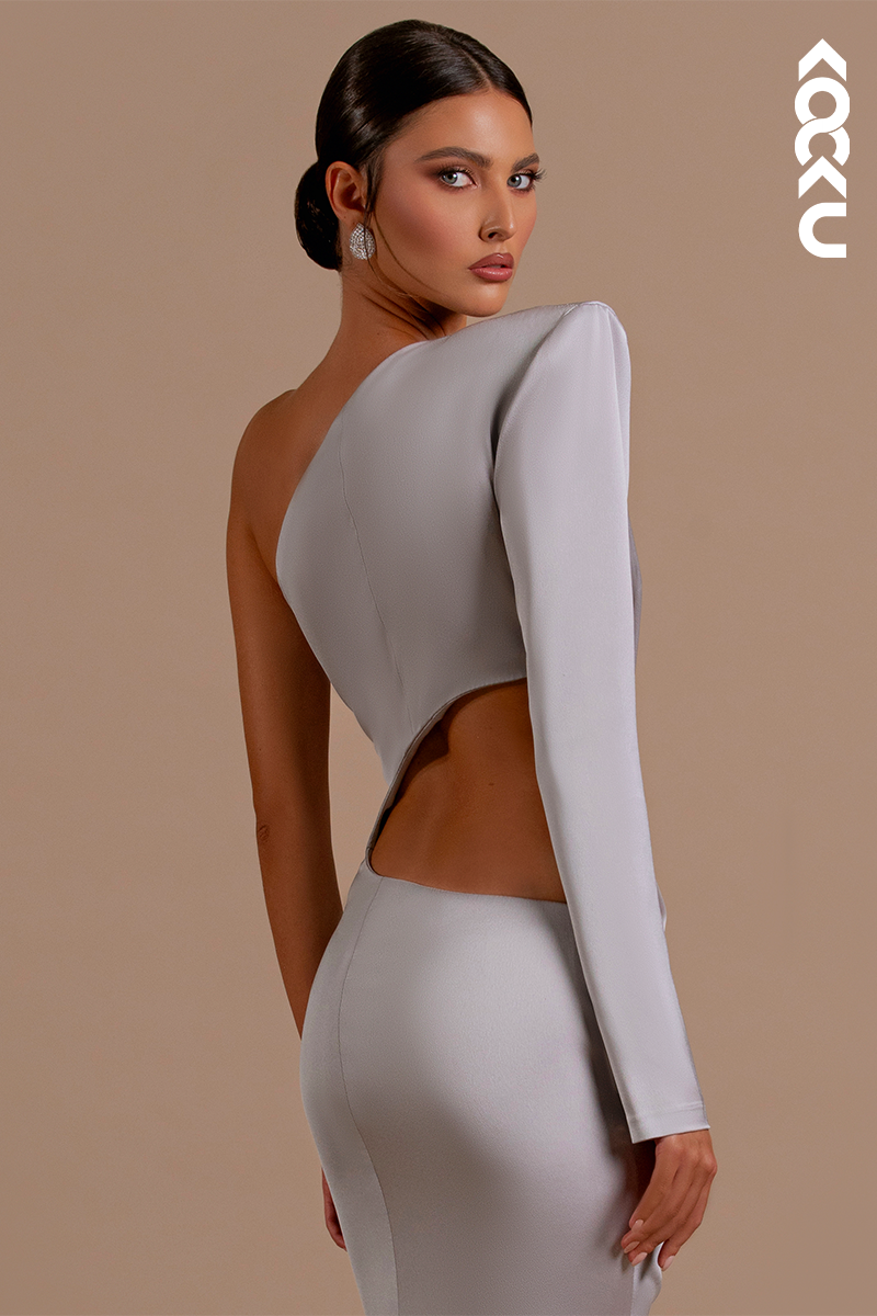 L2156 - One Shoulder Long Sleeves Cut Outs Satin Sheath Long Formal Evening Dress