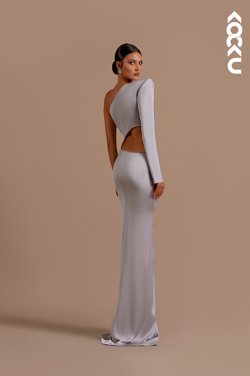 L2156 - One Shoulder Long Sleeves Cut Outs Satin Sheath Long Formal Evening Dress