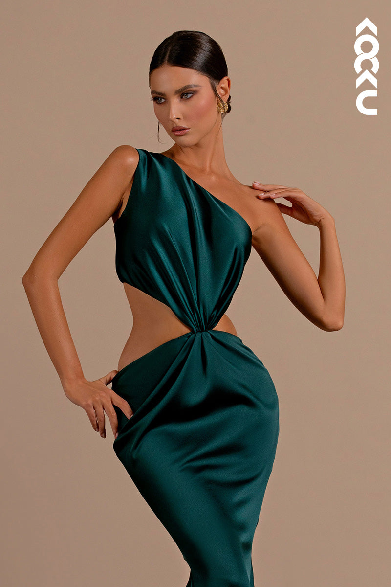 L2157 - Sexy One Shoulder Ruched Satin Mermaid Long Formal Evening Dress