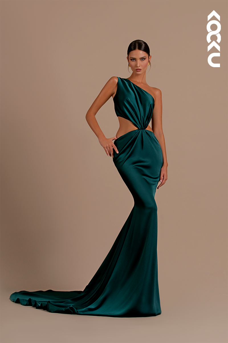 L2157 - Sexy One Shoulder Ruched Satin Mermaid Long Formal Evening Dress