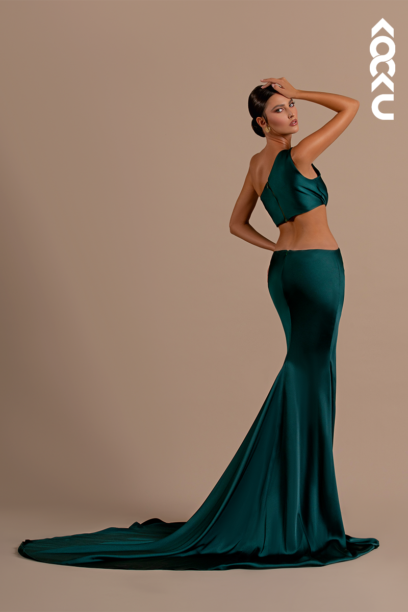 L2157 - Sexy One Shoulder Ruched Satin Mermaid Long Formal Evening Dress