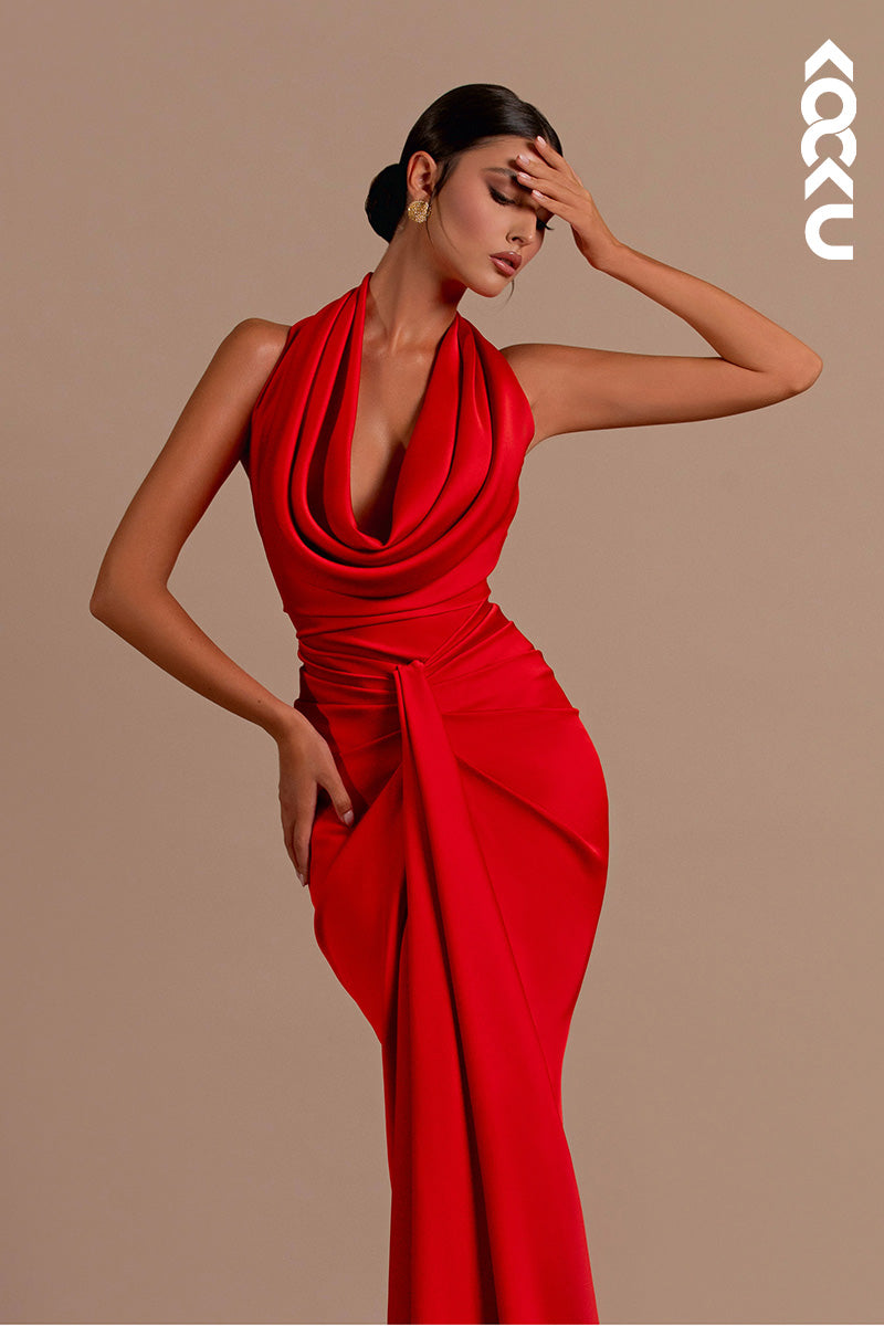 L2163 - Mermaid/Trumpet Halter Backless Satin Long Evening Formal Dress