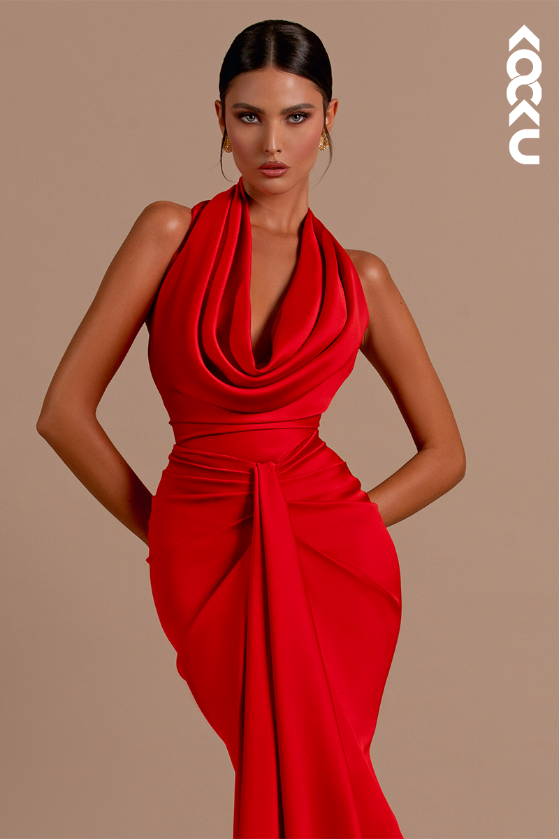 L2163 - Mermaid/Trumpet Halter Backless Satin Long Evening Formal Dress