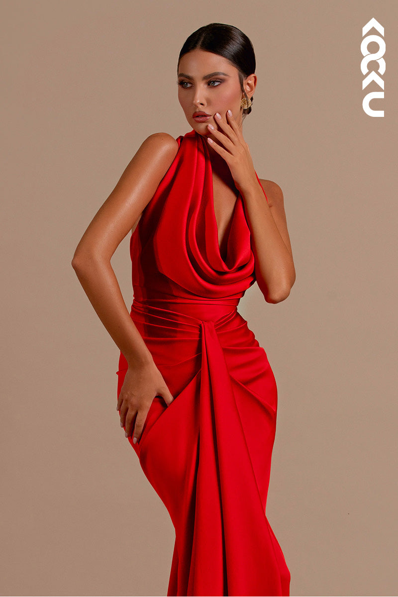 L2163 - Mermaid/Trumpet Halter Backless Satin Long Evening Formal Dress