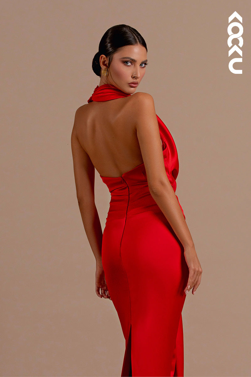 L2163 - Mermaid/Trumpet Halter Backless Satin Long Evening Formal Dress