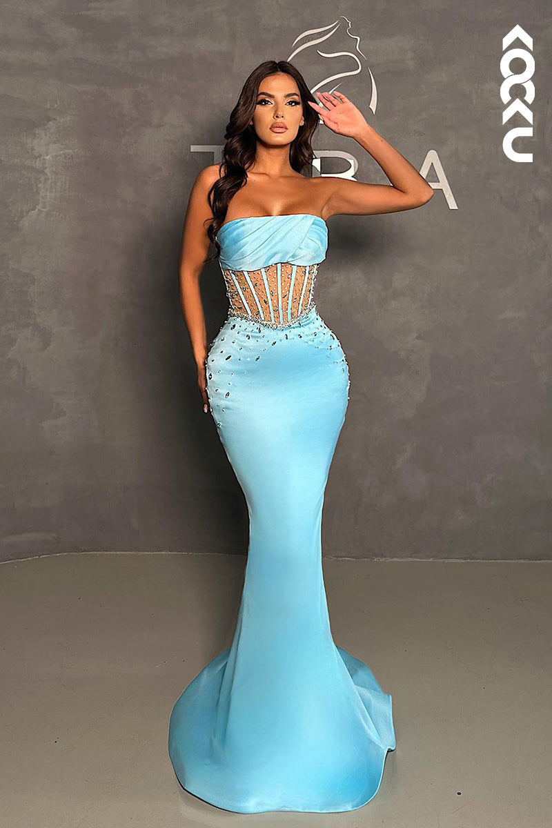 L2164 - Mermaid/Trumpat Strapless Beaded Satin Long Formal Evening Dress