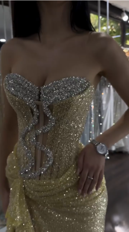 Glitter Strapless Yellow Sequin Beaded Mermaid Slit Evening Dress Formal Birthday Party Dress D1059