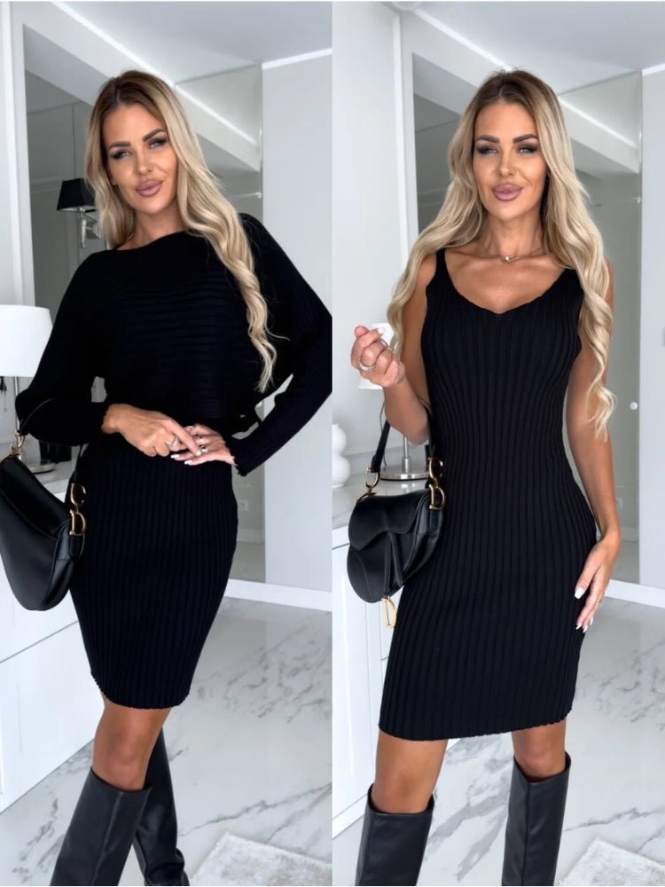 Ribbed Knit V-Neck Spaghetti Strap Bodycon Midi Dress
