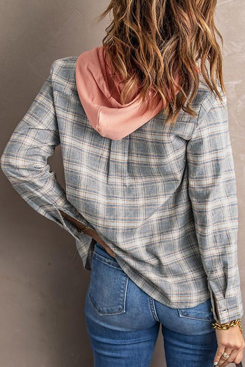 Flannel Plaid Button Down Hoodie Top