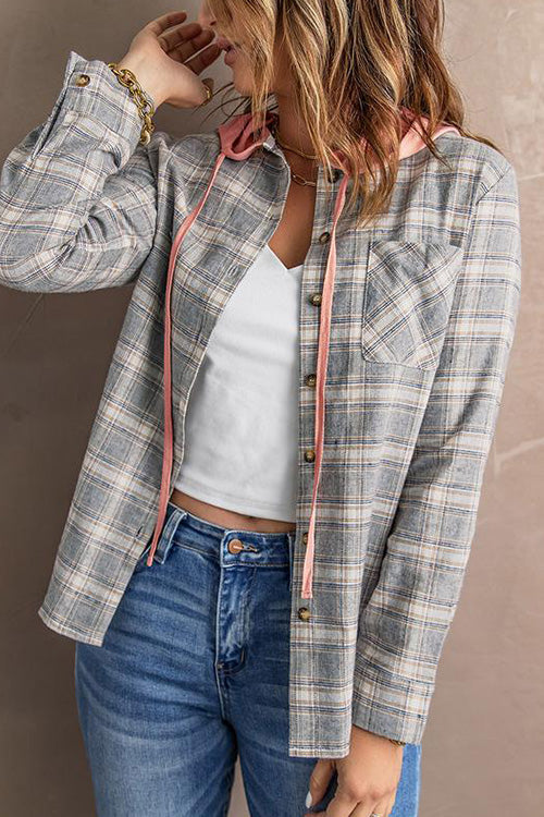 Flannel Plaid Button Down Hoodie Top