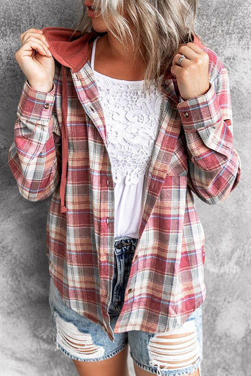 Flannel Plaid Button Down Hoodie Top