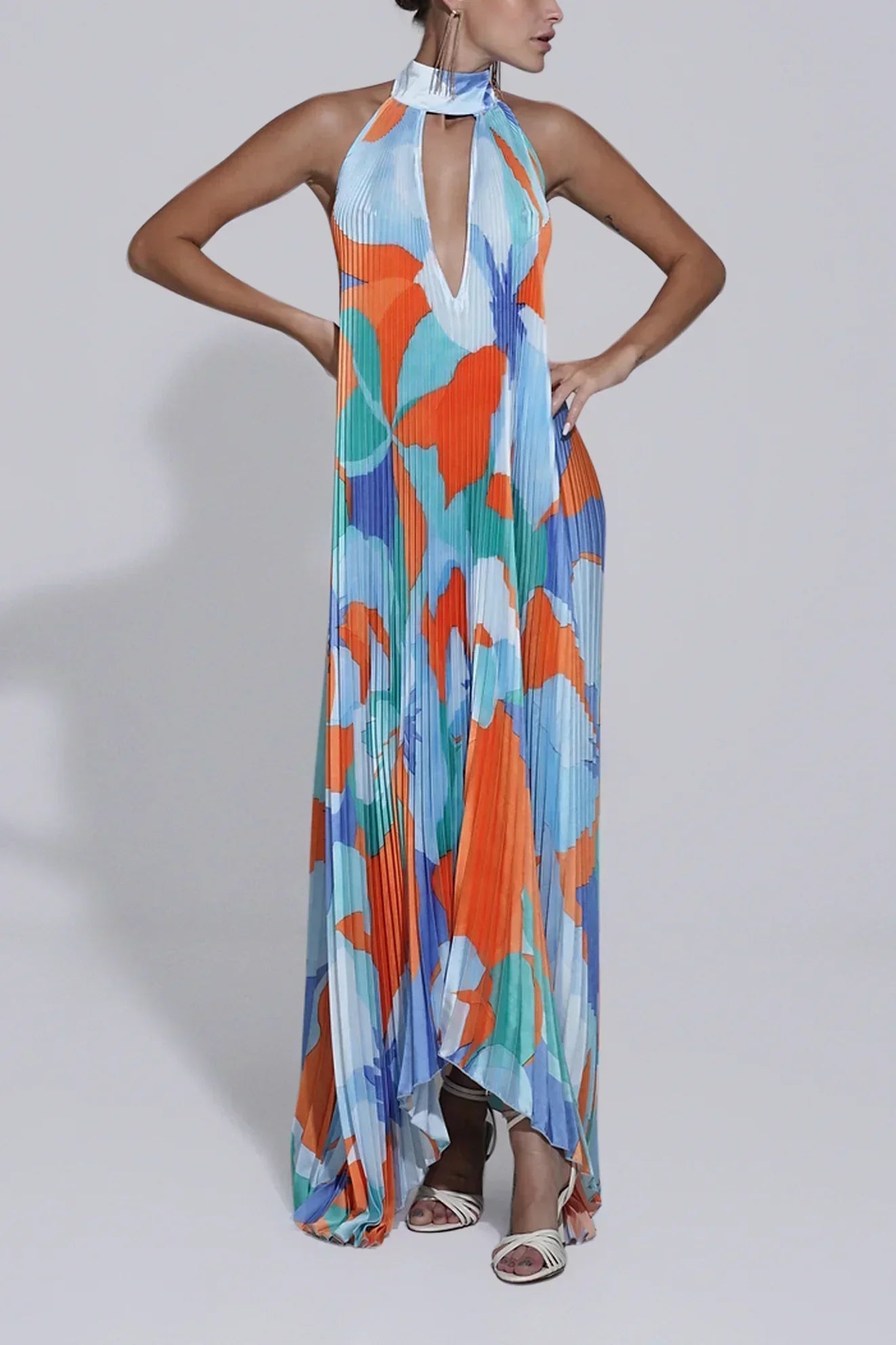 Shalia - Sultry Halter Pleated Maxi Dress Multicolor