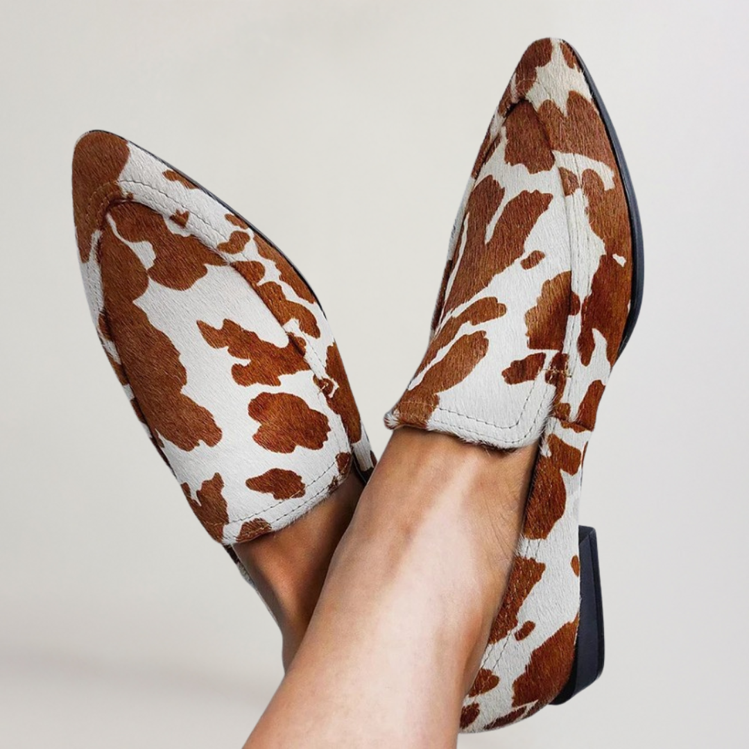Cow Print Pointed Toe Flat Loafers