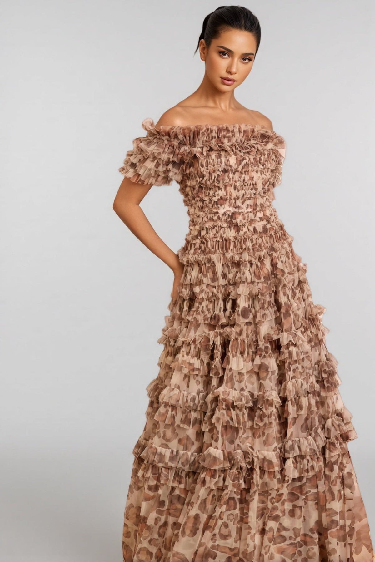 Off Shoulder Leopard Print Tiered Ruffle Tulle Maxi Dress