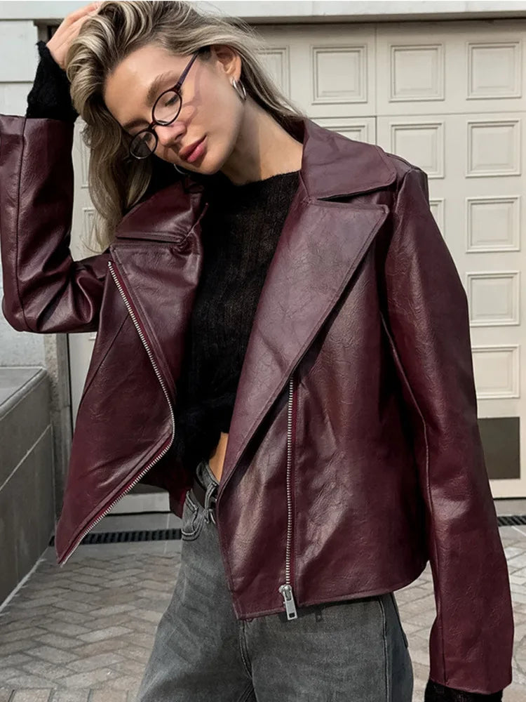 Faux Leather Notched Lapel Asymmetric Zip Front Moto Jacket 2