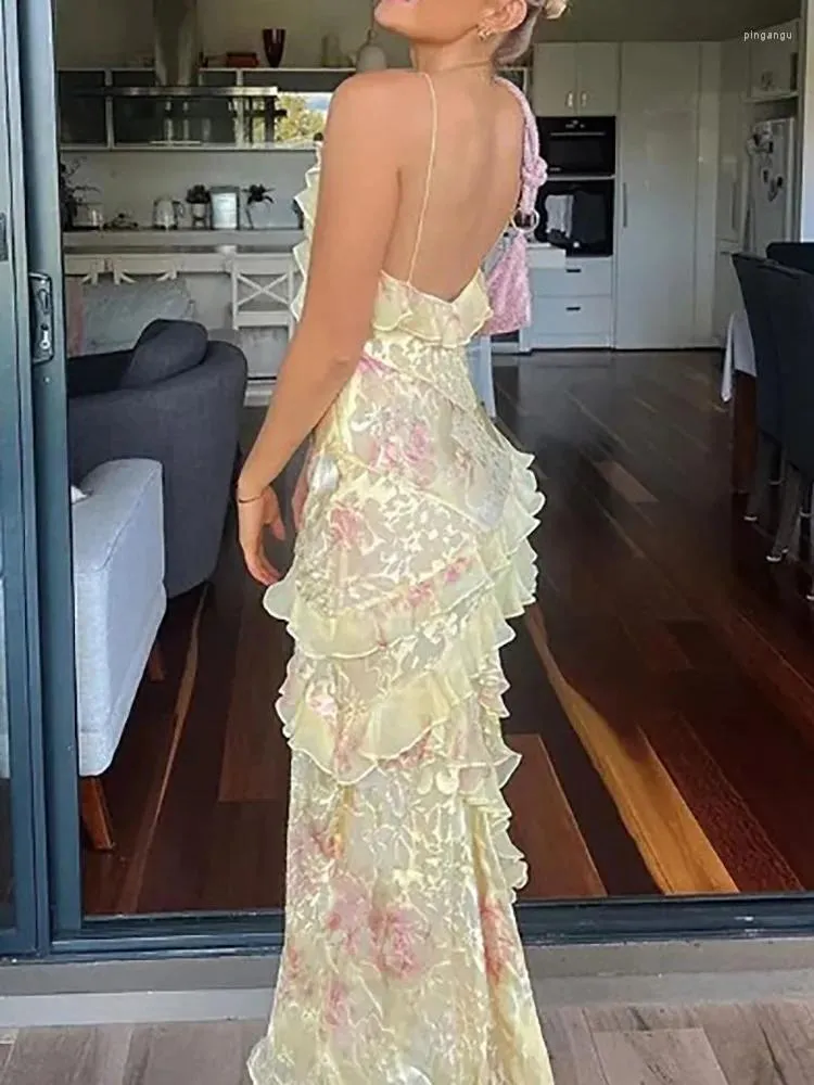 Charming Pink Print Chiffon Ruffles Party Evening Dress Long Prom Dress cc1809