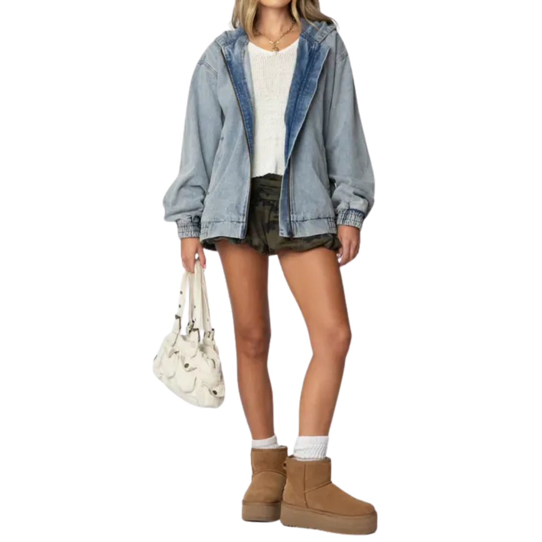 Oversized Hooded Zip Front Denim Jacket