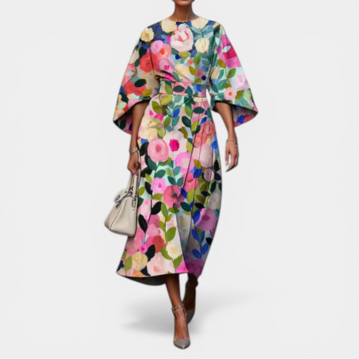 Painterly Floral Kimono Sleeve Belted Wrap Midi Dress