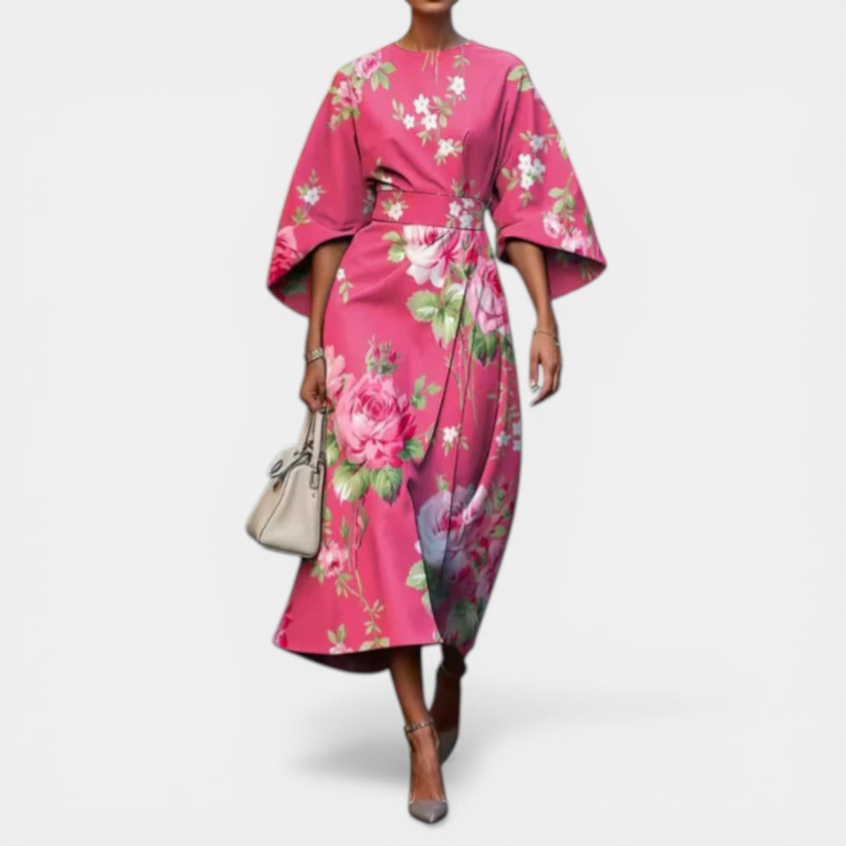Painterly Floral Kimono Sleeve Belted Wrap Midi Dress