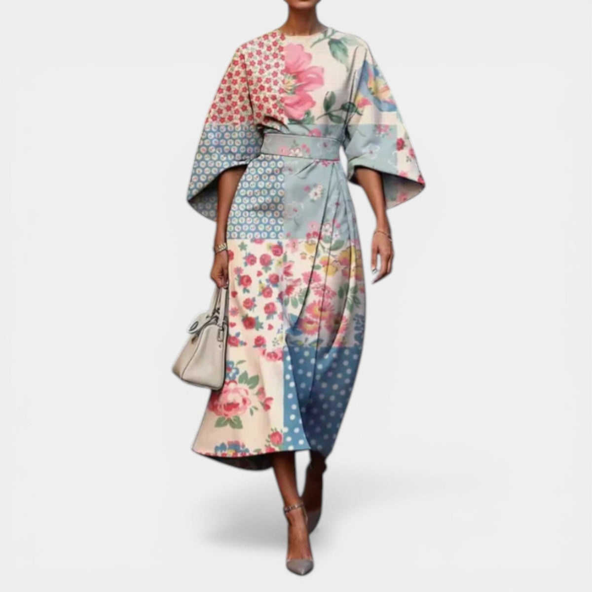 Painterly Floral Kimono Sleeve Belted Wrap Midi Dress