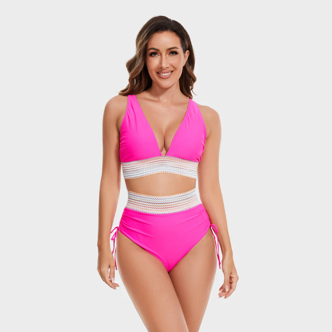 Triangle Top Ruched Chevron Trim High Waist Bikini Set