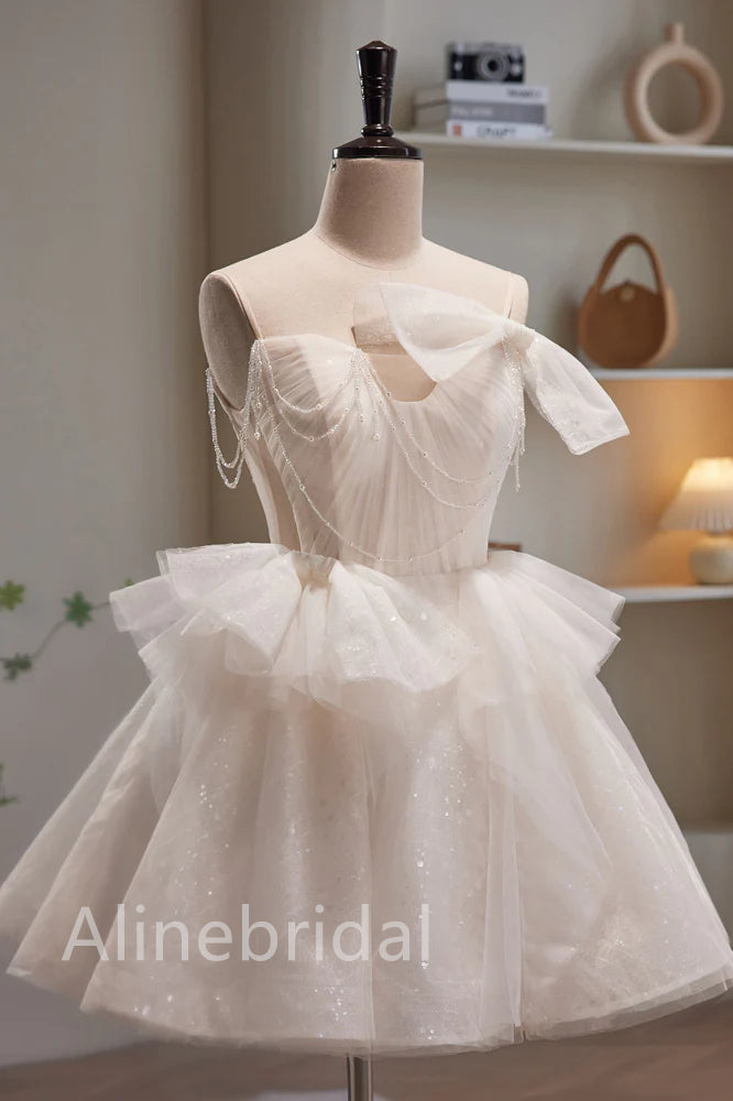 Sparkle Tulle Pearl Chain Bow Shoulder Peplum Homecoming Mini Dress 4