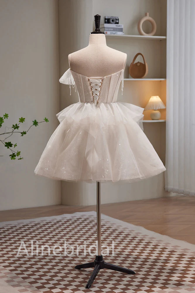 Sparkle Tulle Pearl Chain Bow Shoulder Peplum Homecoming Mini Dress 3