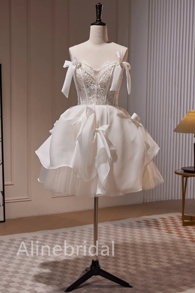 Lace Corset Bodice Bow Strap Ruffled Satin Homecoming Mini Dress 5