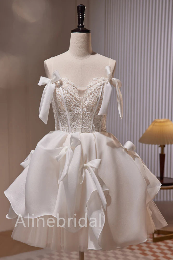 Lace Corset Bodice Bow Strap Ruffled Satin Homecoming Mini Dress 3