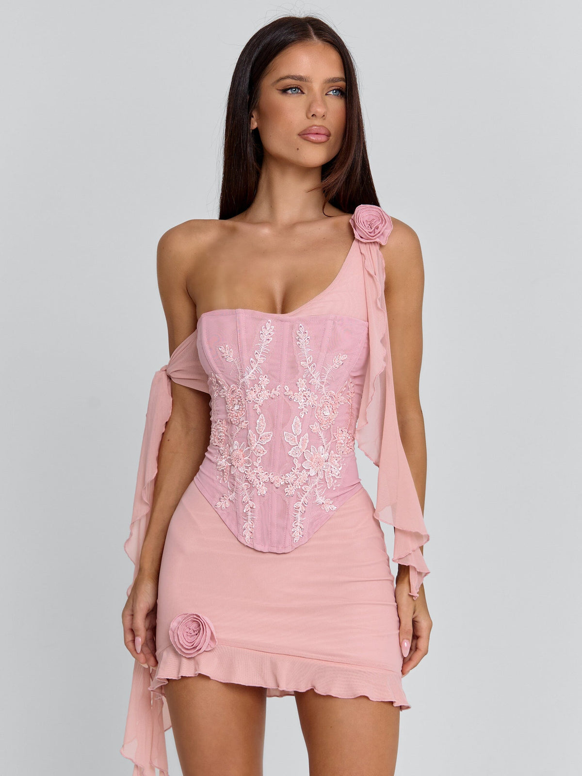 Embroidered Corset One Shoulder Mesh Drape Rosette Mini Dress