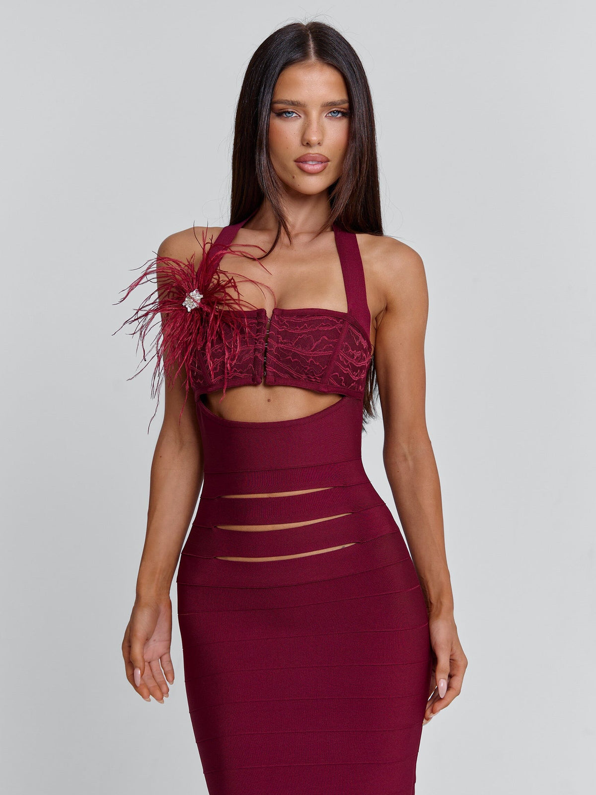 Bandage Feather Trim Lace Bust Halter Cut Out Midi Dress 2