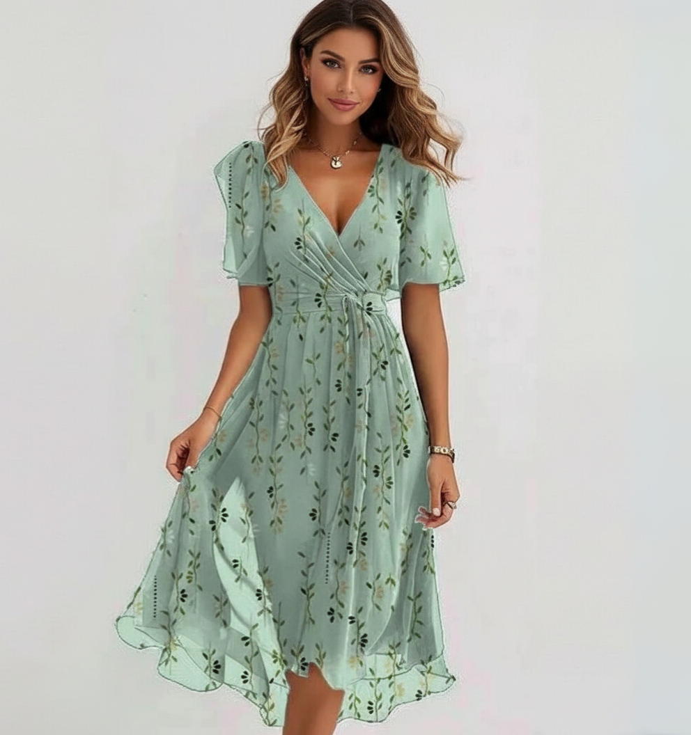 Floral Embroidered V-Neck Flutter Sleeve Wrap Midi Dress