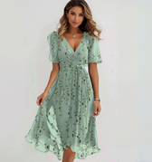 Floral Embroidered V-Neck Flutter Sleeve Wrap Midi Dress